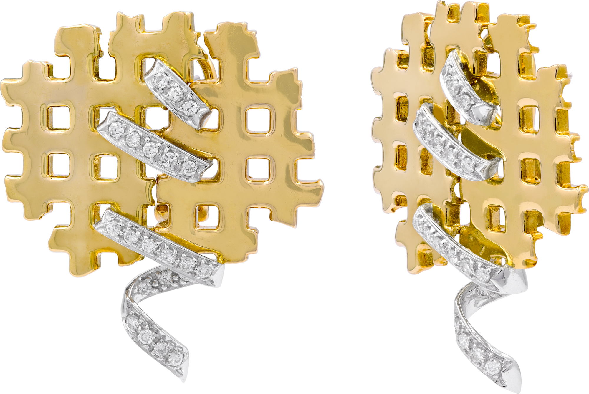 Ribbon and lattice style earrings in 18k yellow gold with 18k white gold ribbon accent diamonds