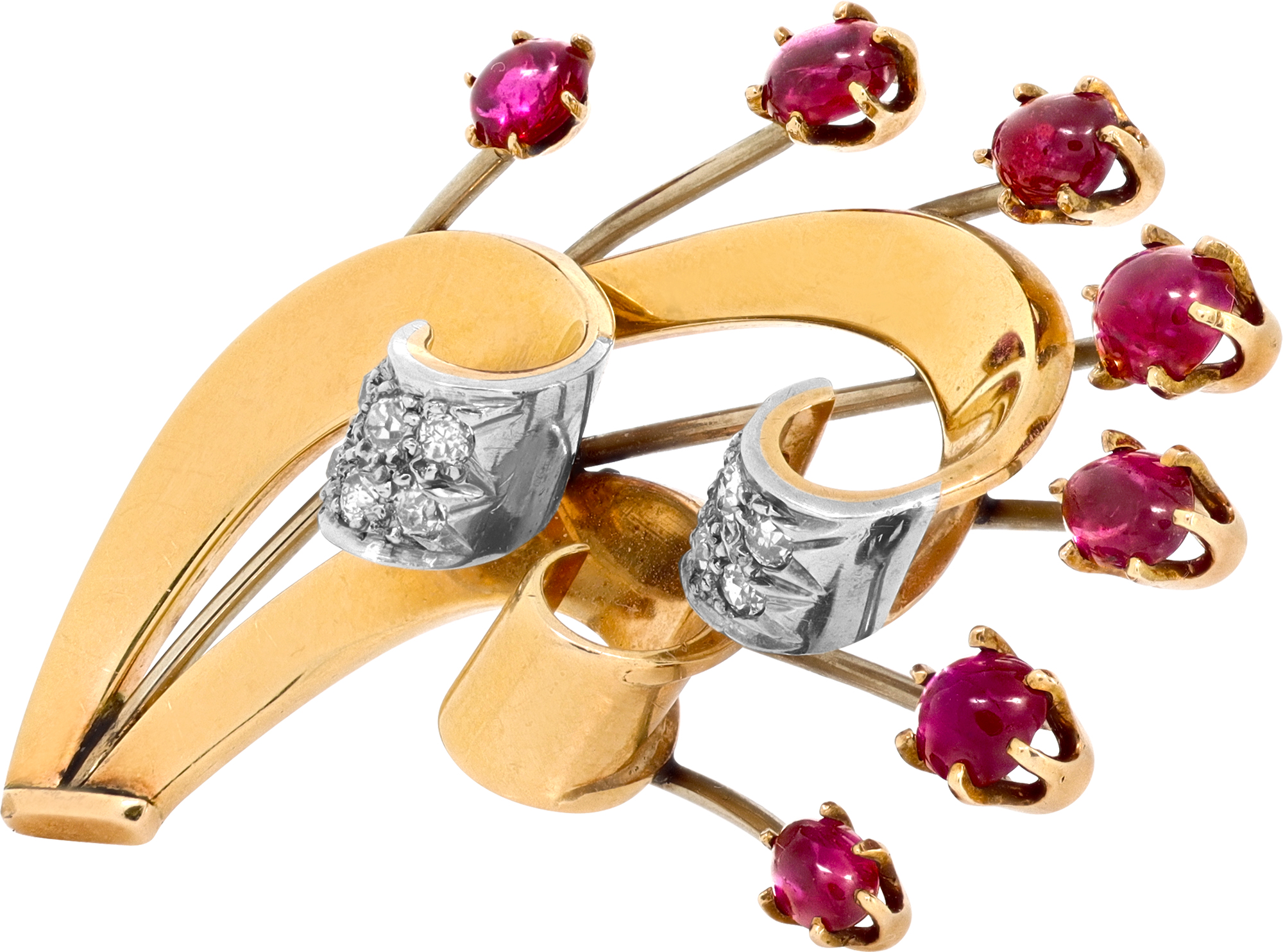 Ribbon motif diamond and cabochon ruby pin/brooch in 14k yellow and white gold