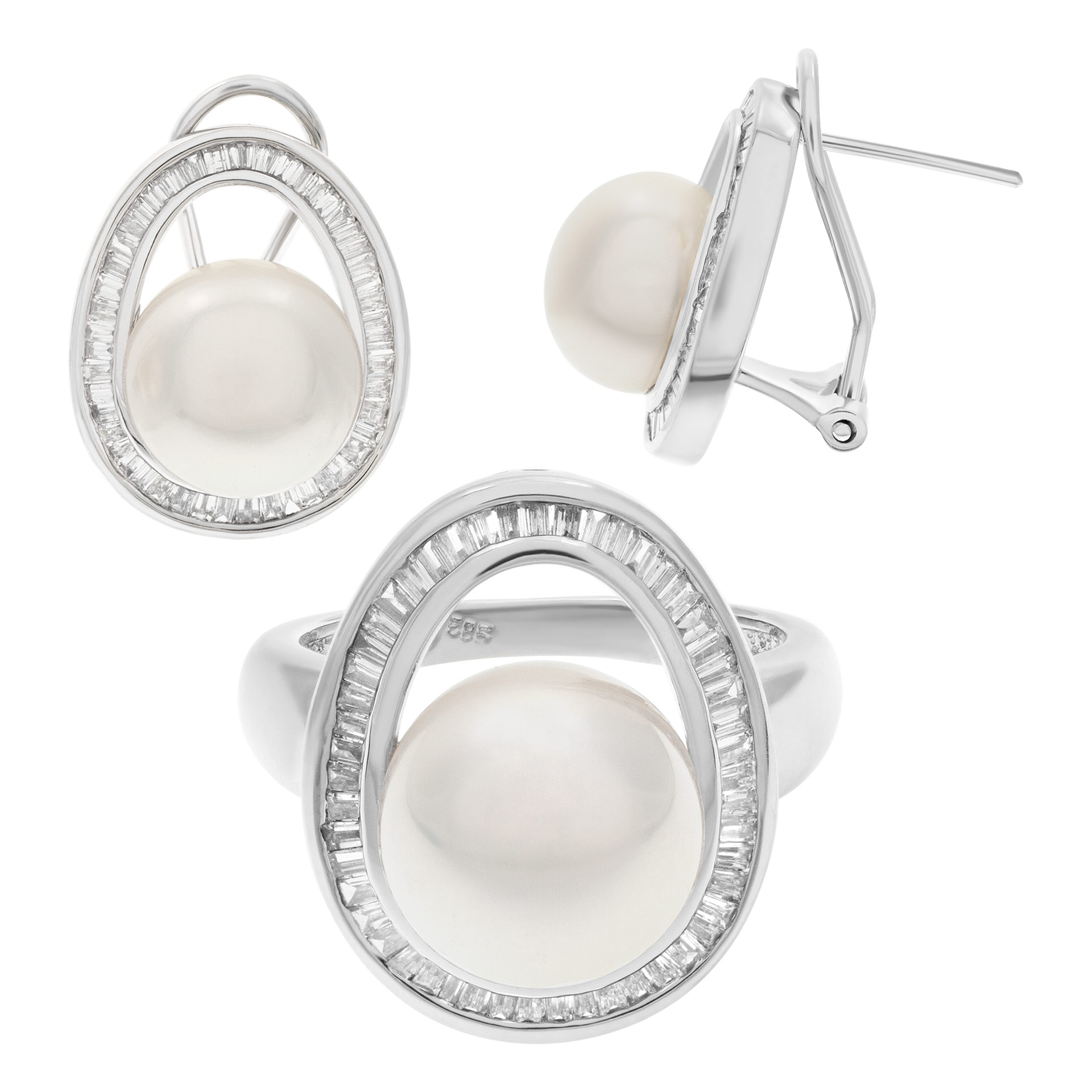 Fresh Water Pearls (9 x baguettes diamonds earrings ring set in  14K white gold