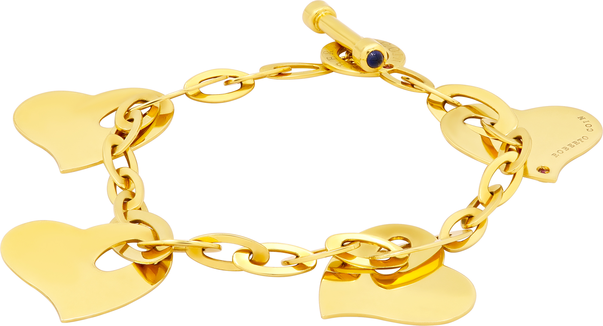 Roberto coin 4 heart charm bracelet in 18k with sapphire cabochon on toggle N519183