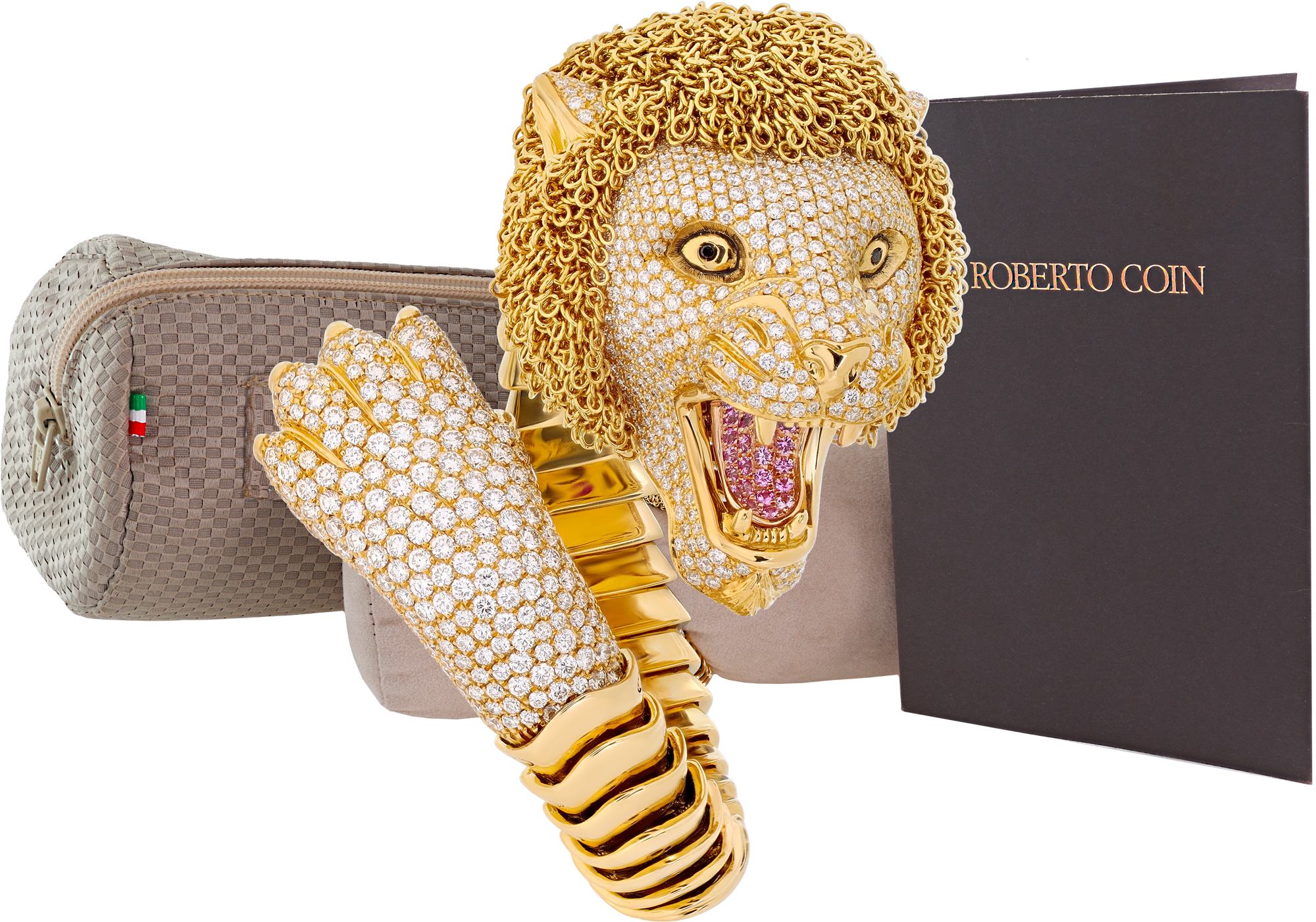 Roberto Coin Lion bangle with 6.50 carats in diamonds and 0.65 carats in pink sapphires