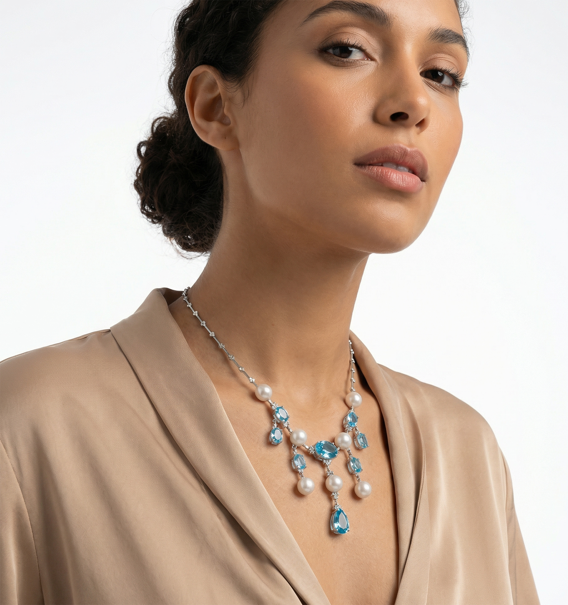 Royal Blue Topaz and Pearl Necklace in 14k white gold