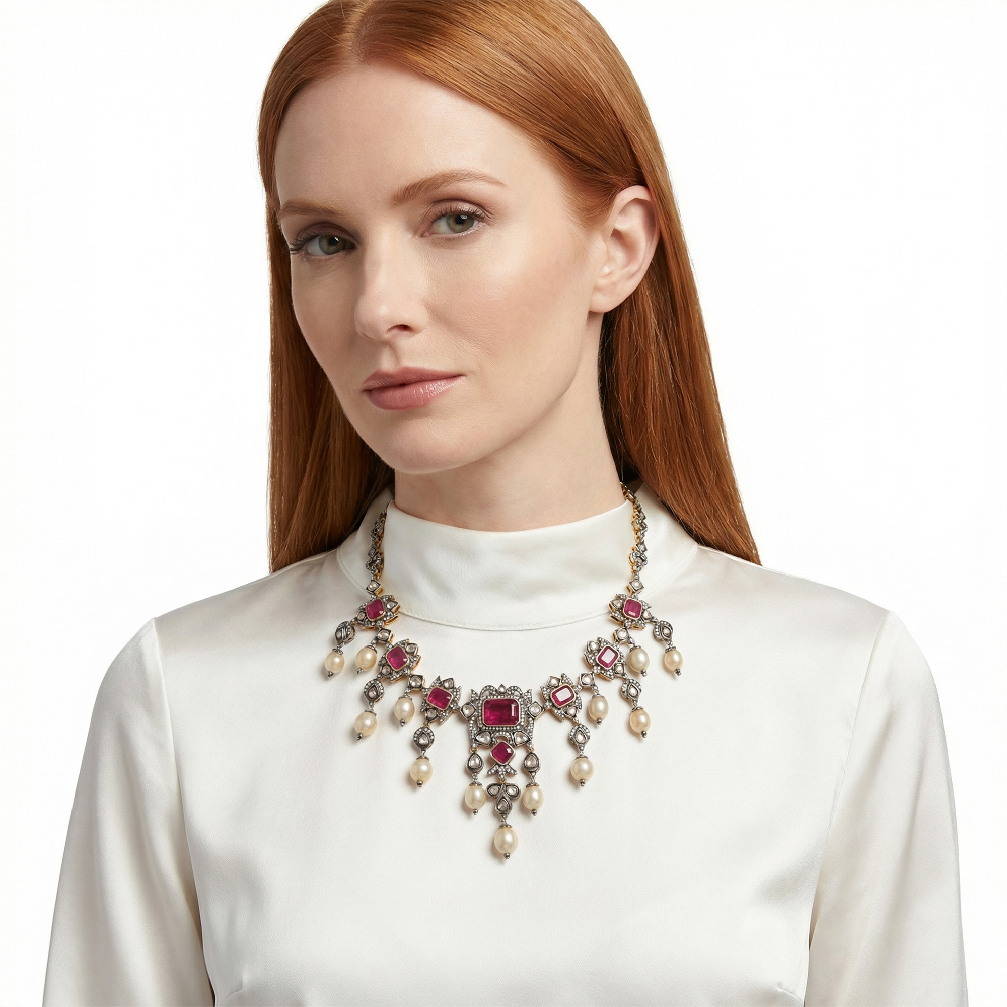 Rubellite, Pearl and Diamond necklace in 14k yellow gold and silver