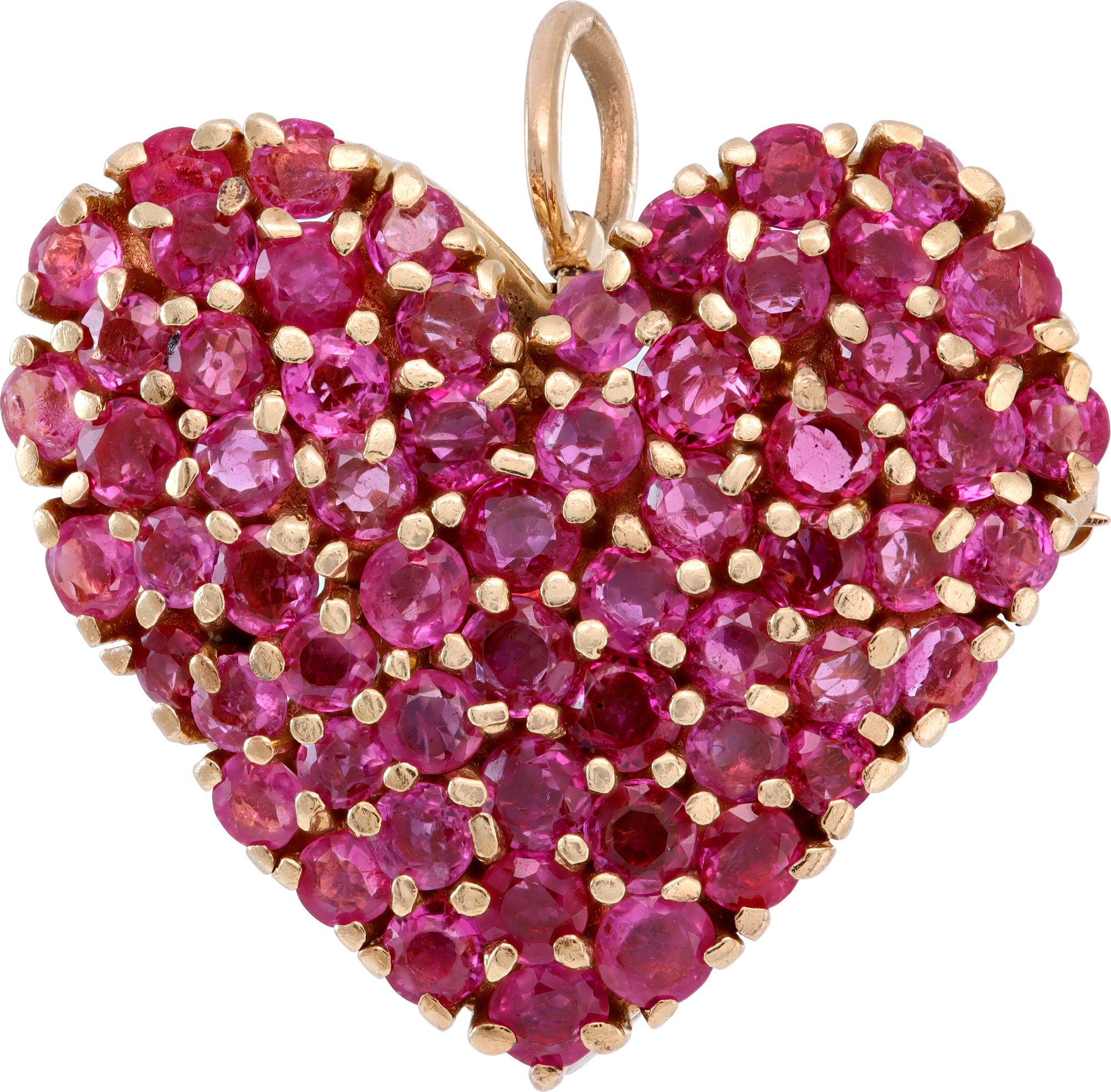 Ruby Heart pin/pendant in 14k yellow gold over 4 cts in rubies