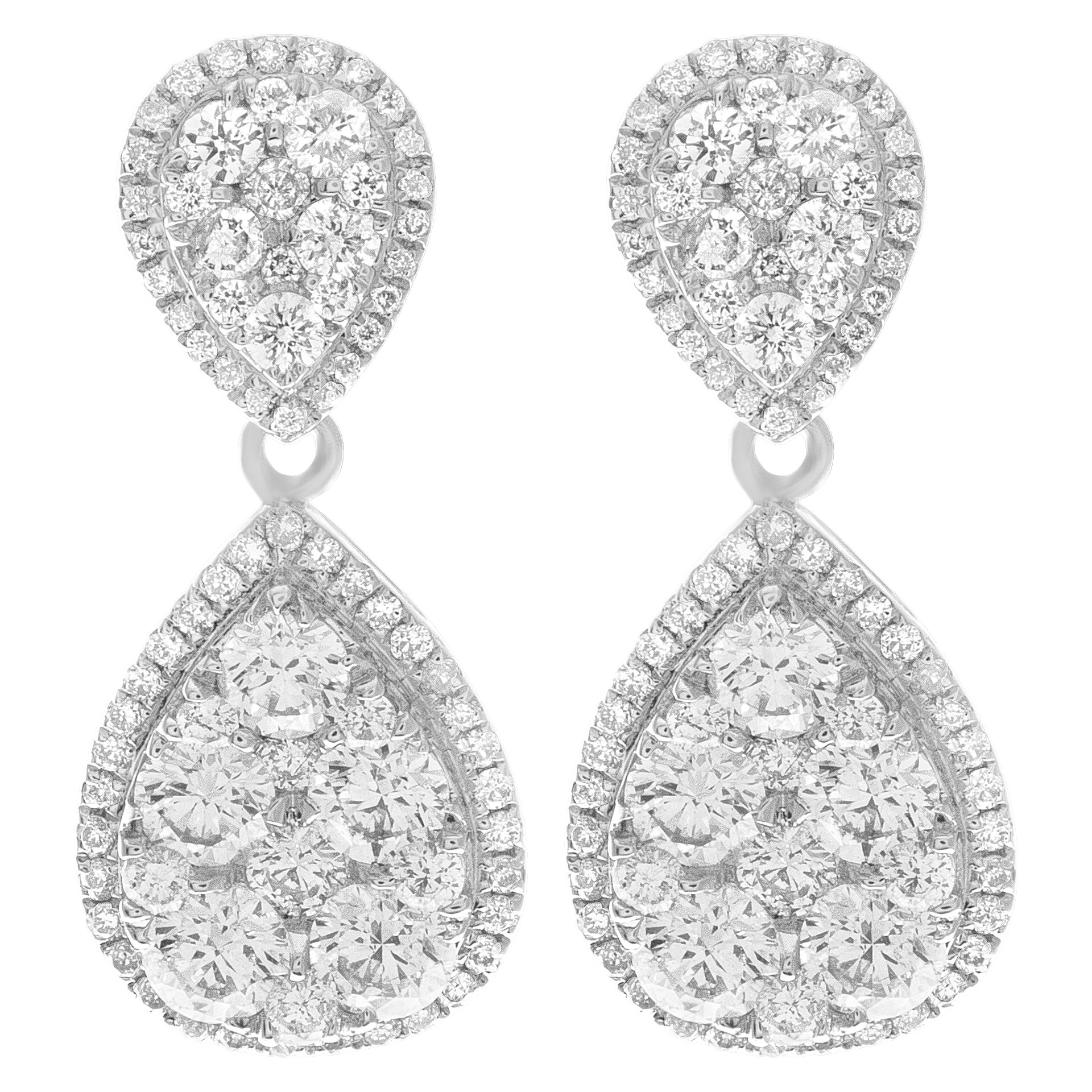 Sweet pear shape drop pave diamond earrings in 18k white gold with 1.27 carats