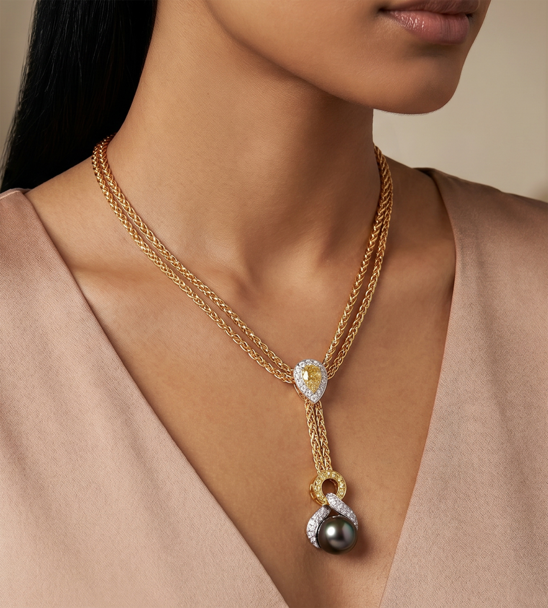 Tahitian Pearl necklace in 18k with white and fancy yellow diamonds S522009 \_p