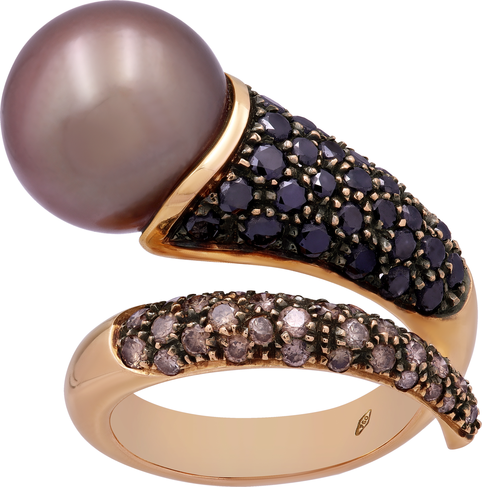 Tahitian Pearl ring in 18k rose gold with black and champagne diamonds