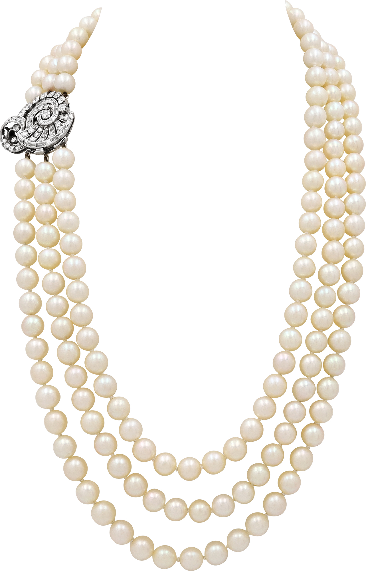 Three strand pearl necklace with 8 mm cultured pearls. Rhodium plated Sterling Silver clasp with round and baguette diamonds S522308