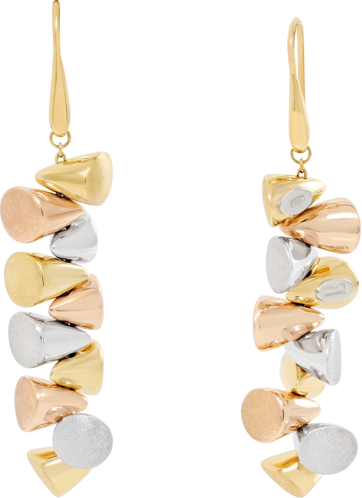 Tri color yellow, rose, & white 18k gold charms earrings in satin and bright finish