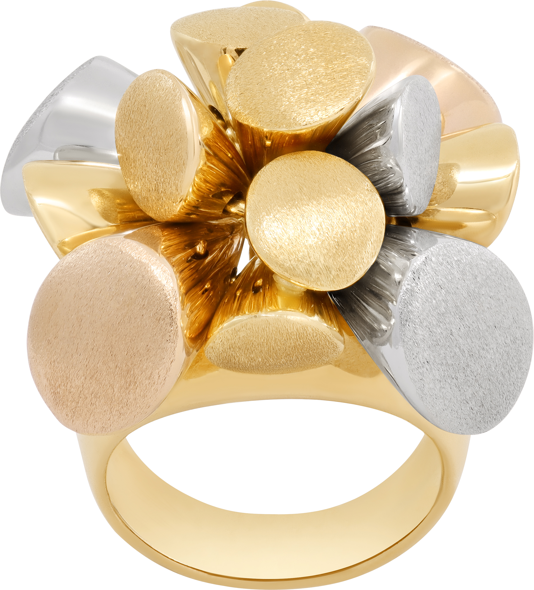 Tri color yellow, rose, & white 18k gold charms ring in satin and bright finish