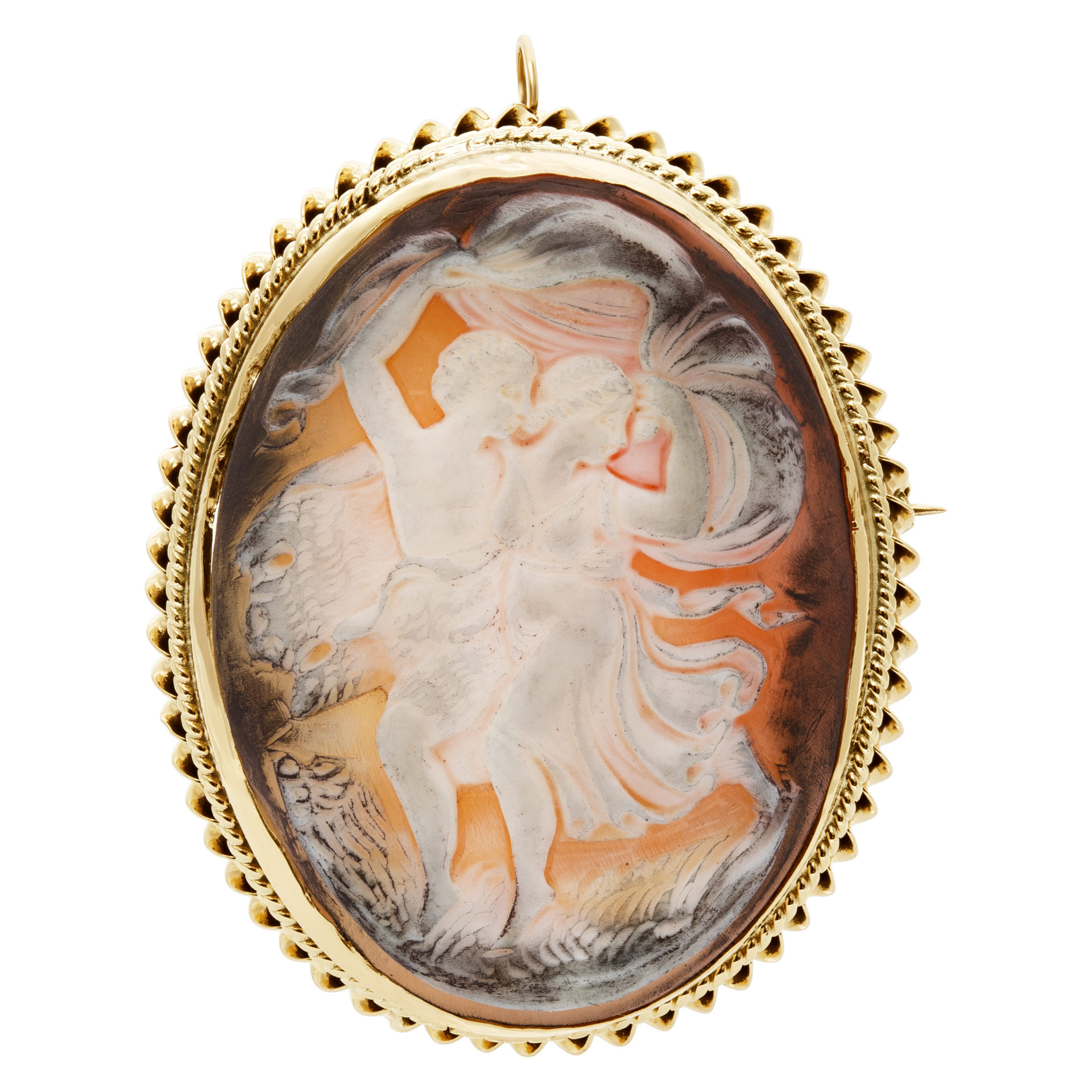 Two Lovers Cameo brooch/pendant with a double 14k twisted gold frame