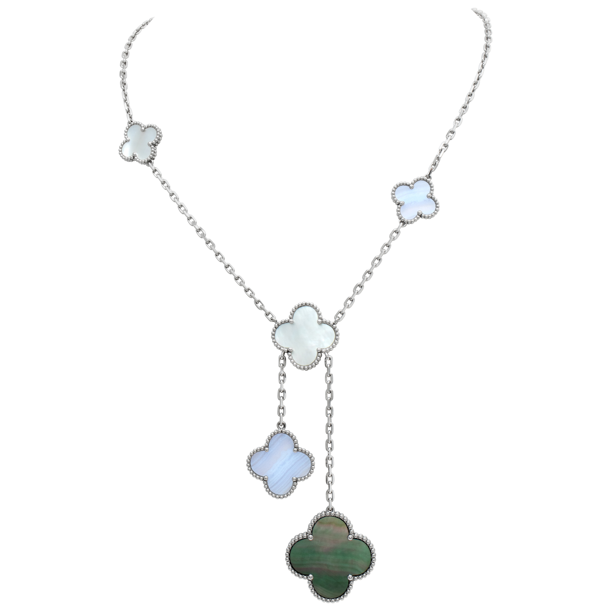 Van Cleef & Arpels Magic Alhambra necklace in 18 WG with MOP and Chalcedony