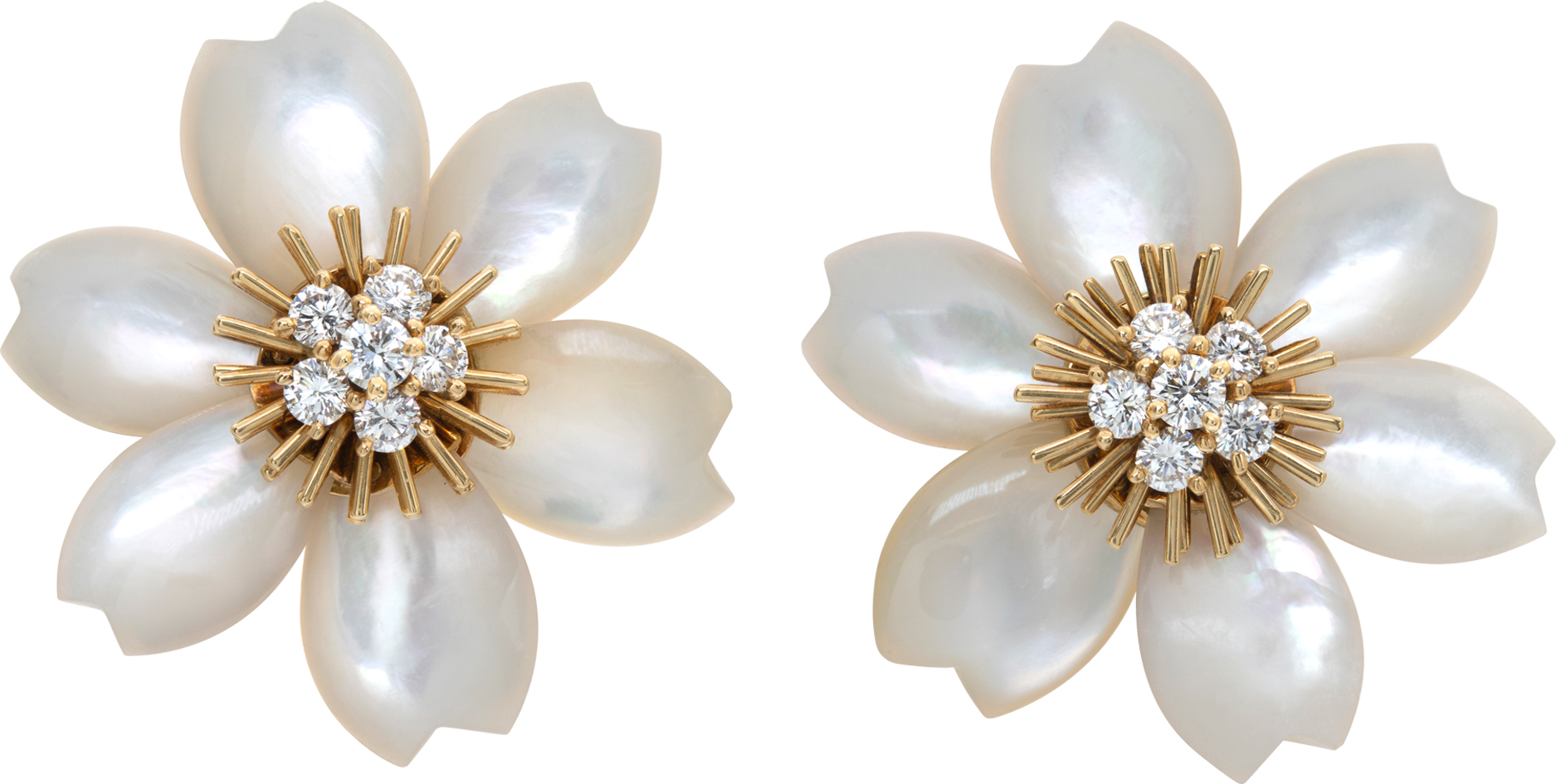 Van Cleef & Arpels Mother of Pearl and Diamond Rose de Noel earrings in 18k yellow gold