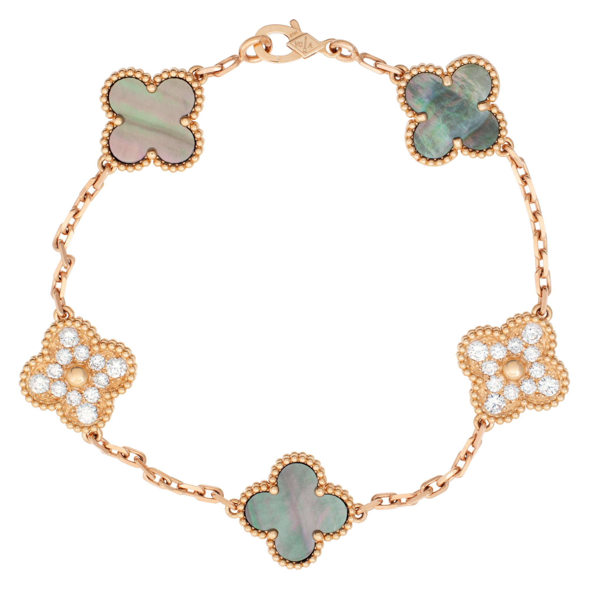 Van Cleef Arpels Vintage Alhambra bracelet 18k RG with motifs, gray MOP  and ct in diamonds