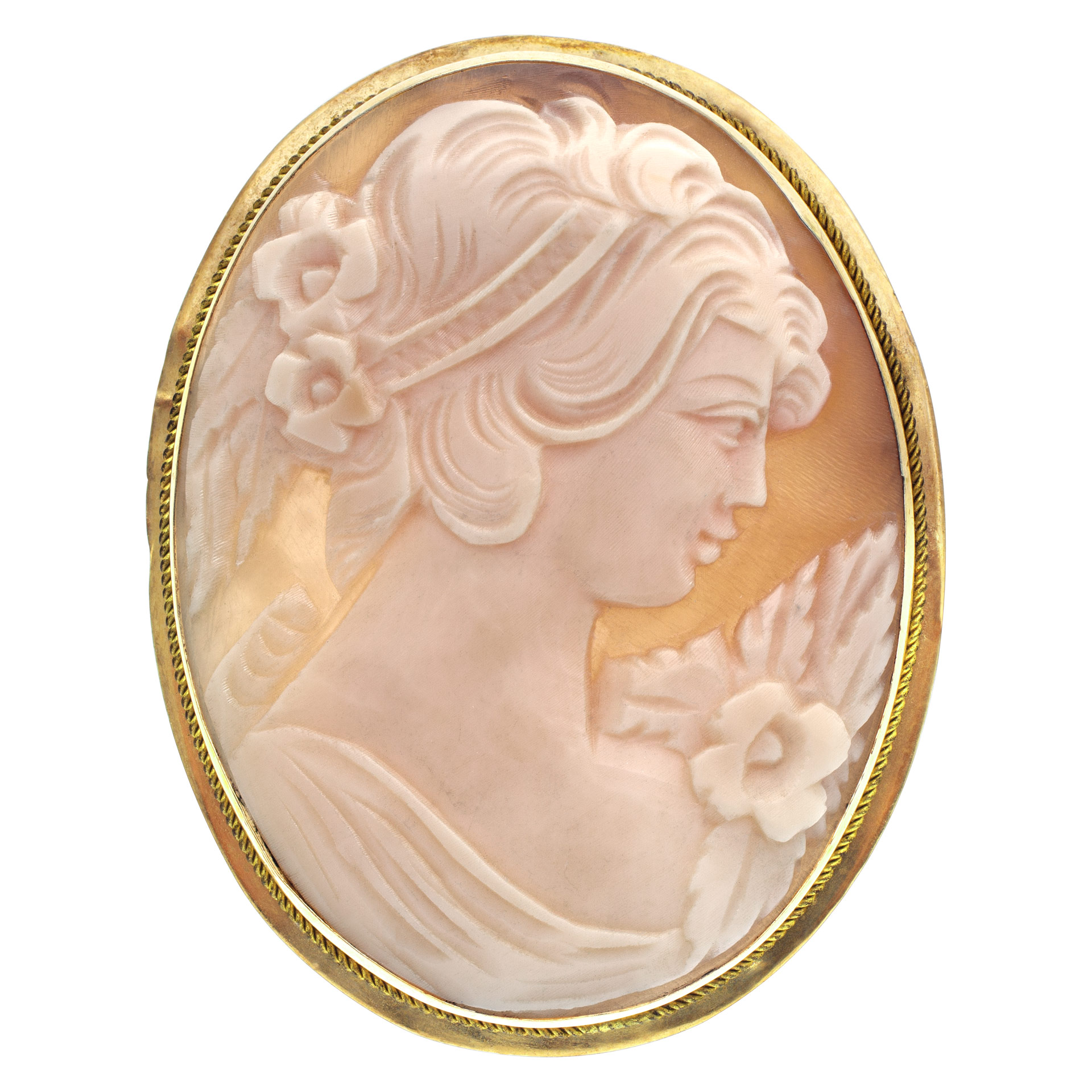 Victorian Shell Cameo portrait of a beautiful maiden, broach/pendant set in 14k yellow gold. N514070
