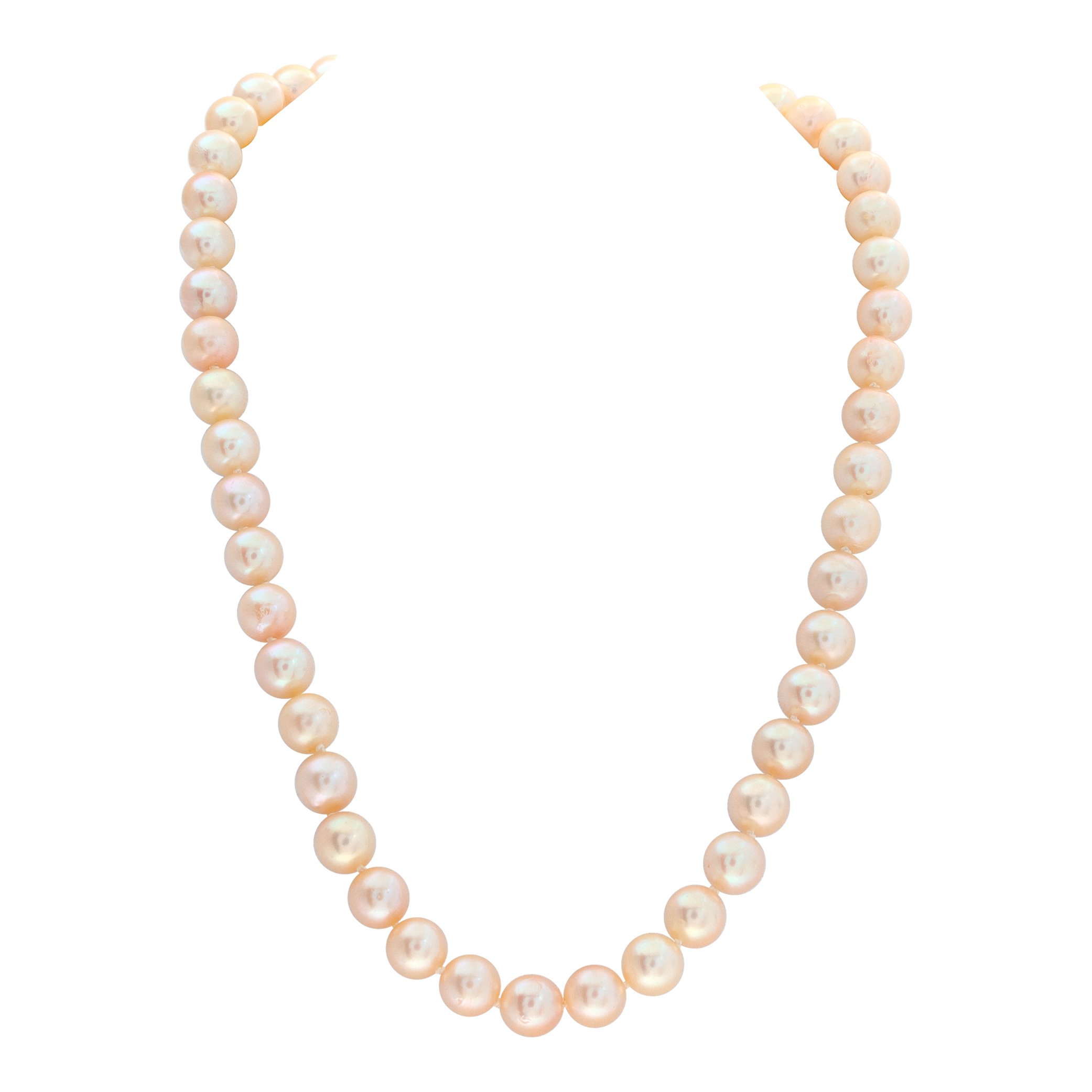 Vintage Akoya pearls (6 x 6.5mm) with sterling silver clasp. 47 round AKOYA pearls with pink golden hues. 15.50mm