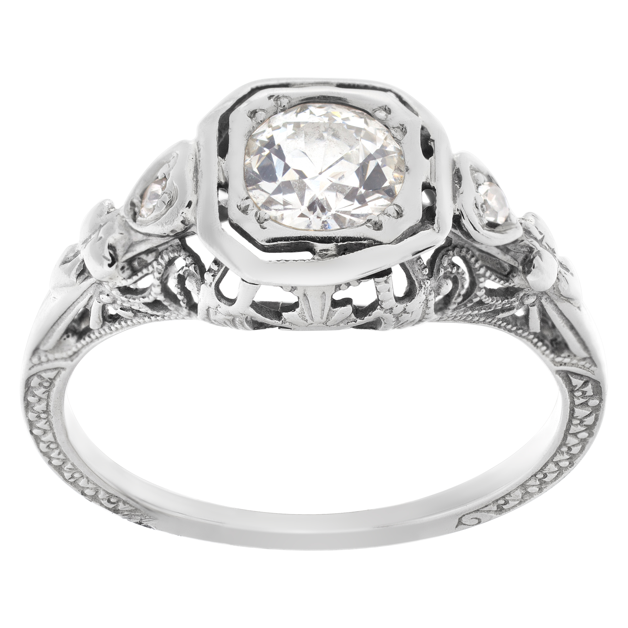 Edwardian Diamond engagement ring in 14K white gold. Total diamond approx. weight: 0.75 carat. Size 5.5