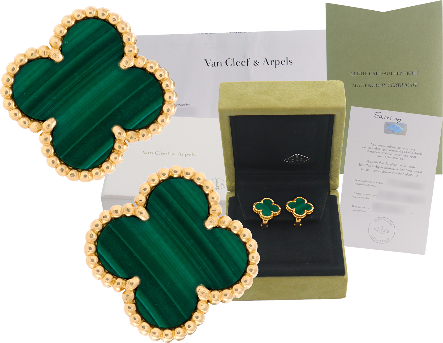 Vintage Van Cleef and Arpels Alhambra Earrings with Malachite in 18k yellow gold
