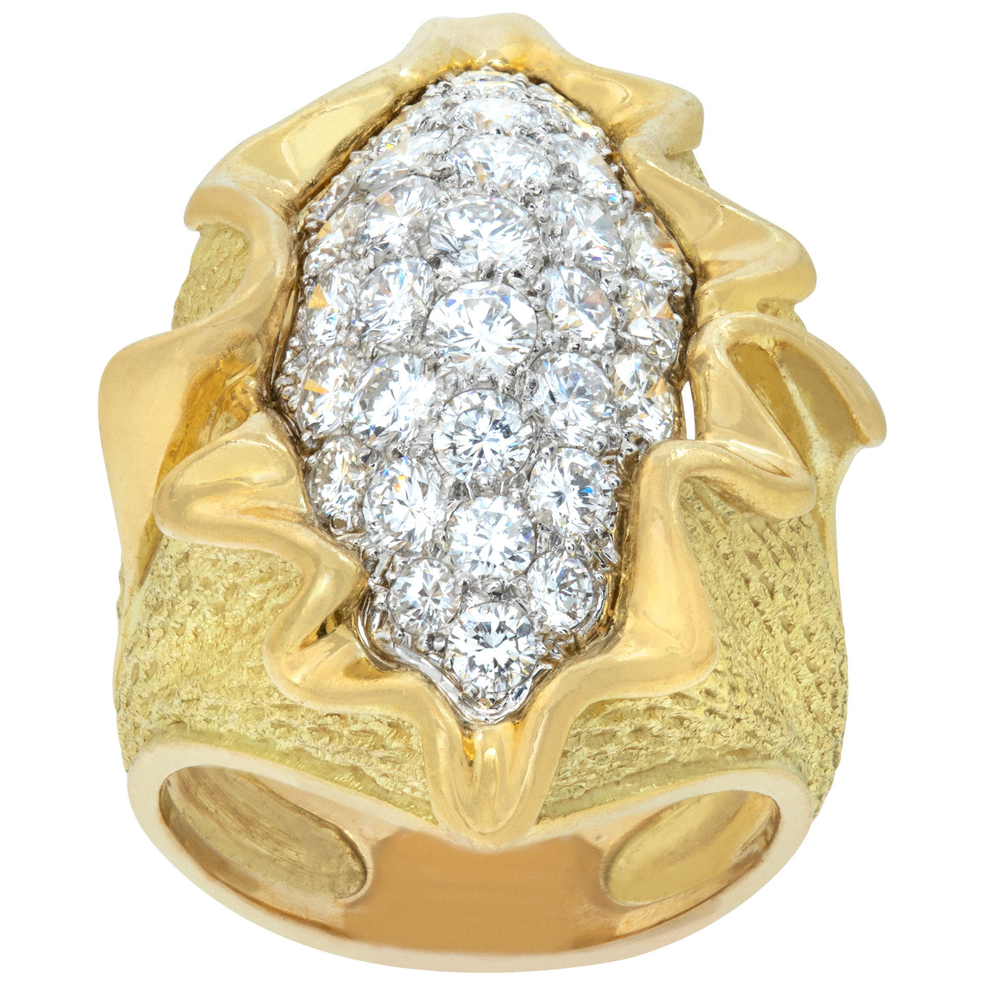 Wave ring with round brilliant cut diamonds set in 18k yellow and white gold. Wave ring with round brilliant cut diamonds set in 18k yellow and white gold.