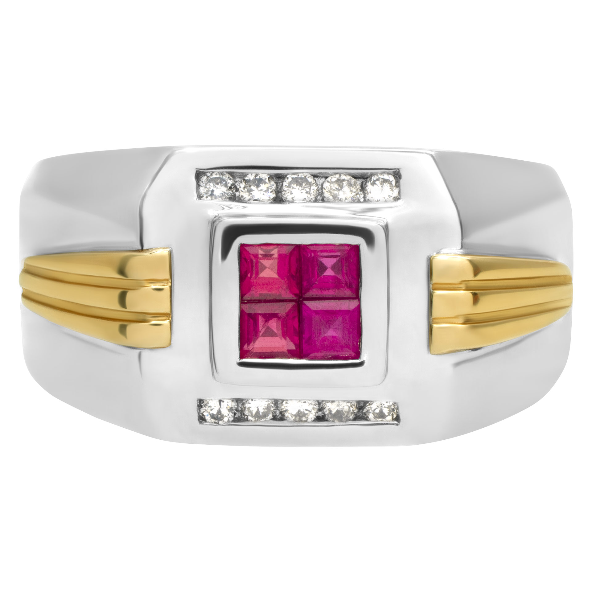 White and yellow 14k gold mens ring with square cut rubies