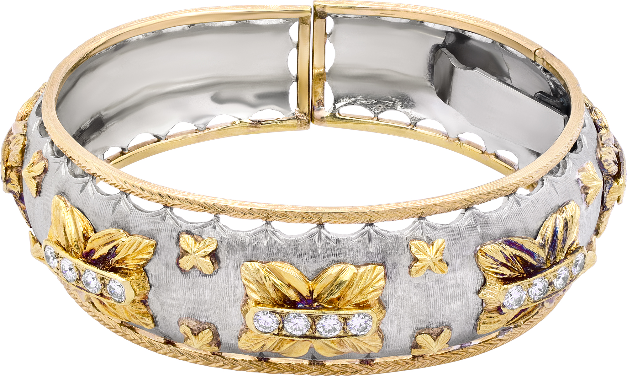 White and yellow gold diamond bangle in 18k