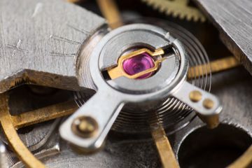 Macro view of jeweled components in a mechanical watch movement