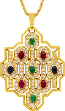 18K Yellow Gold Ruby, Emerald, & Sapphire Diamond-Set Jewelry Suite