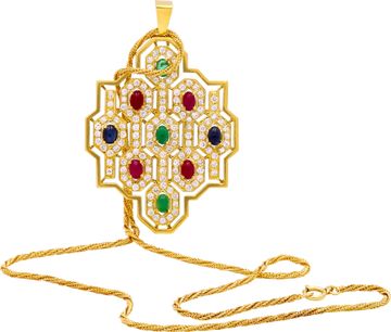 18K Yellow Gold Ruby, Emerald, & Sapphire Diamond-Set Jewelry Suite