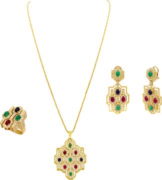 18K Yellow Gold Ruby, Emerald, & Sapphire Diamond-Set Jewelry Suite