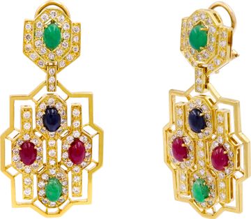 18K Yellow Gold Ruby, Emerald, & Sapphire Diamond-Set Jewelry Suite