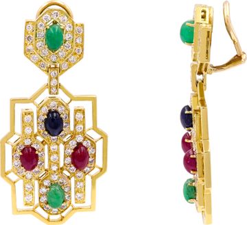 18K Yellow Gold Ruby, Emerald, & Sapphire Diamond-Set Jewelry Suite