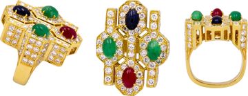 18K Yellow Gold Ruby, Emerald, & Sapphire Diamond-Set Jewelry Suite