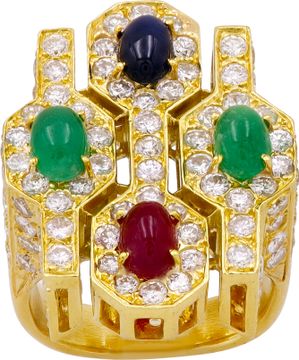 18K Yellow Gold Ruby, Emerald, & Sapphire Diamond-Set Jewelry Suite