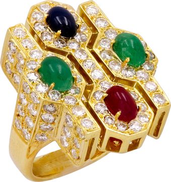 18K Yellow Gold Ruby, Emerald, & Sapphire Diamond-Set Jewelry Suite