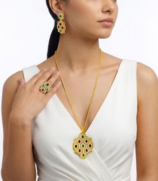 18K Yellow Gold Ruby, Emerald, & Sapphire Diamond-Set Jewelry Suite
