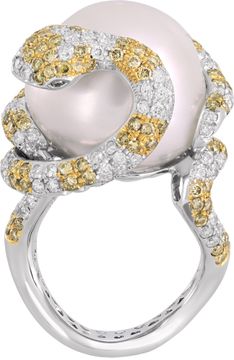 18mm South Sea Pearl and pave diamond ring in 18k white and yellow gold Ring Collection