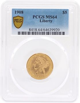 1908 $5 Gold Liberty Coin. PCGS graded ms 64. 1908 $5 Gold Liberty Coin. PCGS graded ms 64. Jewelry Collection