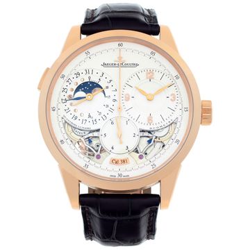 Rose-gold Jaeger-LeCoultre moonphase watch with calendar, timing, and power displays