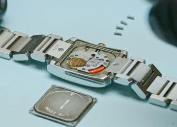 Opened quartz watch during battery and movement service