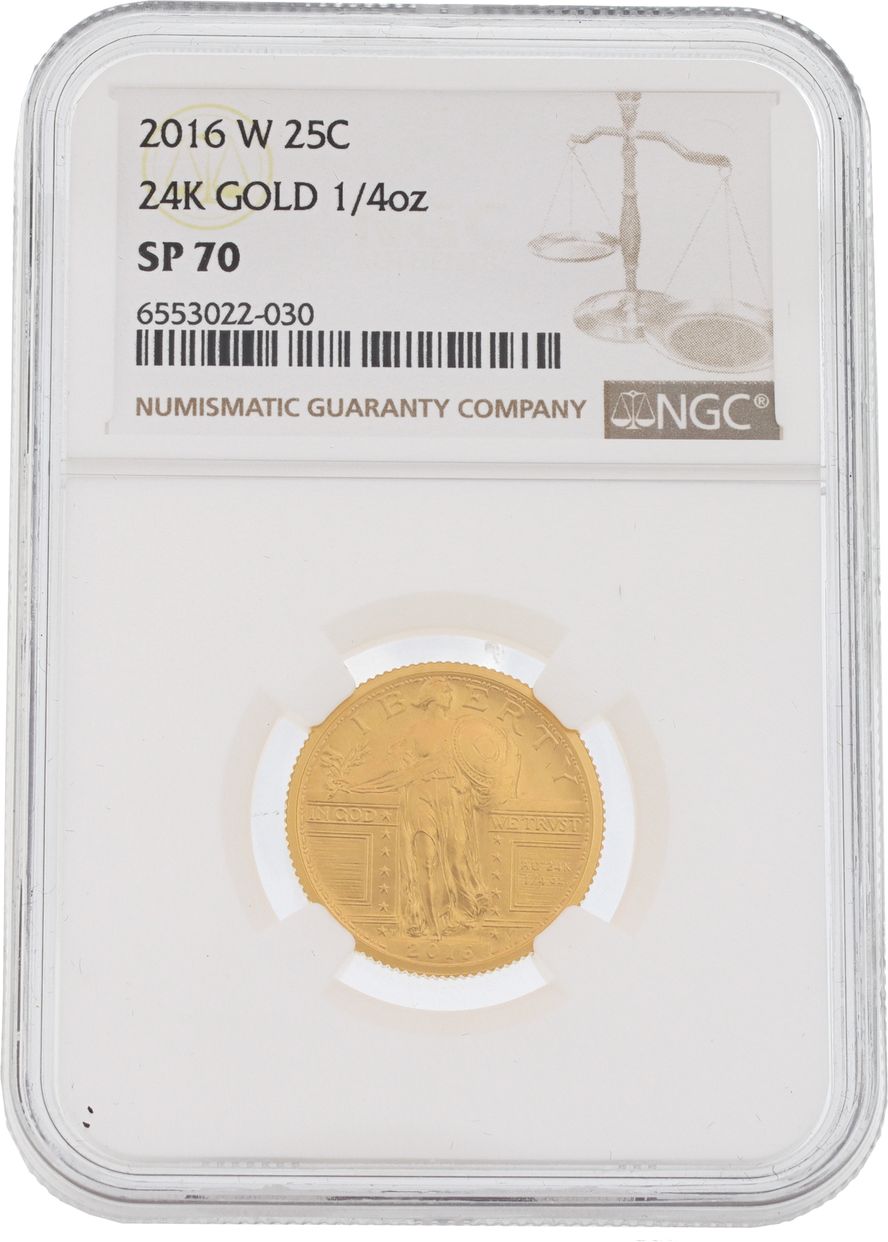 2016 Gold Coin Au 24k 1/4oz. This coin is graded NGC SP 70.
