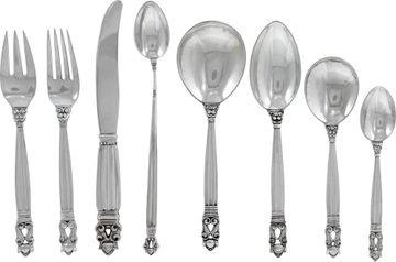 "ACORN" Sterling Silver Flatware Set patented by Georg Jensen in 1915. TOTAL: 102 pieces over 125 troy ounces of .925 sterling silver Sterling Silver Collection
