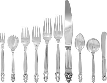 "ACORN" Sterling Silver Flatware Set patented by Georg Jensen in 1915. TOTAL: 129 pieces over 165 troy ounces of .925 sterling silver Sterling Silver Collection