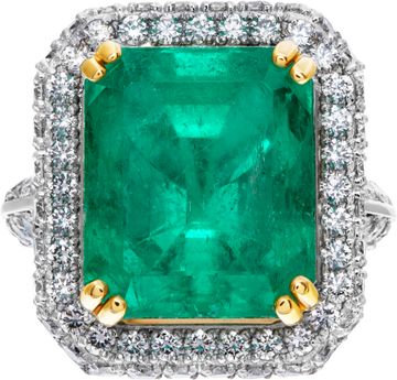 AGL certified 13.01 carat emerald ring in platinum & 18k with 4 carats in pave diamonds