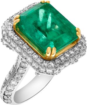 AGL certified 13.01 carat emerald ring in platinum & 18k with 4 carats in pave diamonds