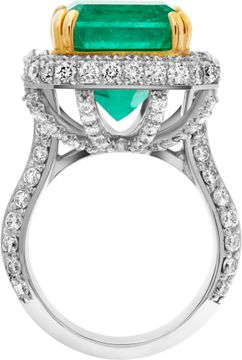 AGL certified 13.01 carat emerald ring in platinum & 18k with 4 carats in pave diamonds