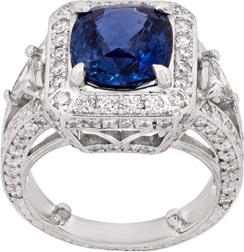 AGL Certified Sapphire ring in 18k white gold diamond setting. 4.68 carats cushion cut unheated Madagascar blue sapphire Ring Collection