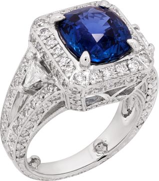 AGL Certified Sapphire ring in 18k white gold diamond setting. 4.68 carats cushion cut unheated Madagascar blue sapphire