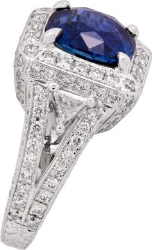 AGL Certified Sapphire ring in 18k white gold diamond setting. 4.68 carats cushion cut unheated Madagascar blue sapphire