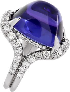AGl Certified Tanzanite and diamond ring in 18k white gold. 23.28 carat sugarloaf cabochon tanzanite and 1.53 carats in diamonds (E-F color, VS clarity).