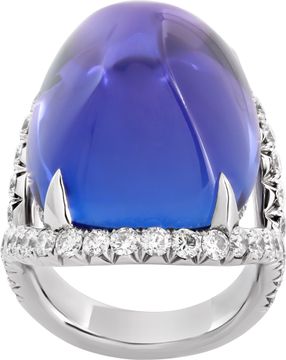 AGL Certified Tanzanite and diamond ring in 18k white gold. 48.32 carat sugarloaf cabochon cut tanzanite and 2.47 carats in diamonds (E-F color, VS clarity). Ring Collection